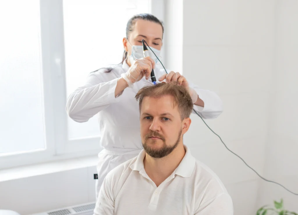 Male client receiving scalp therapy from a trichologist for PRP hair restoration in Brevard County