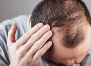 Man concerned about hair loss, holding his head as he considers effective regrowth treatments in Brevard County